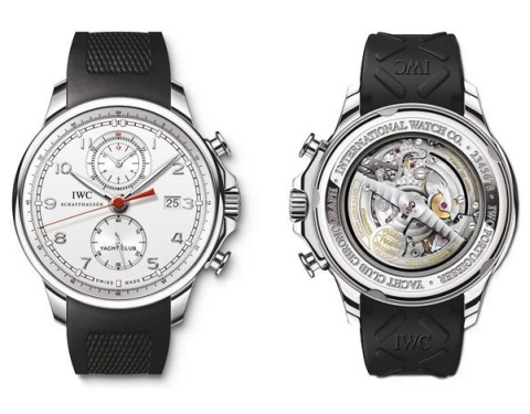 IWC Portuguese Yacht Club Automatic Chronograph watch Ref. IW3902 (stainless steel version with silver dial, front and rear views)